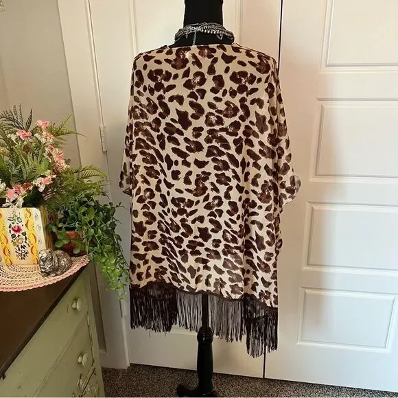Soul Young Leopard & Floral Open Front Fringe Hem 2 Kimono Duster Blouses O/S - Picture 6 of 16